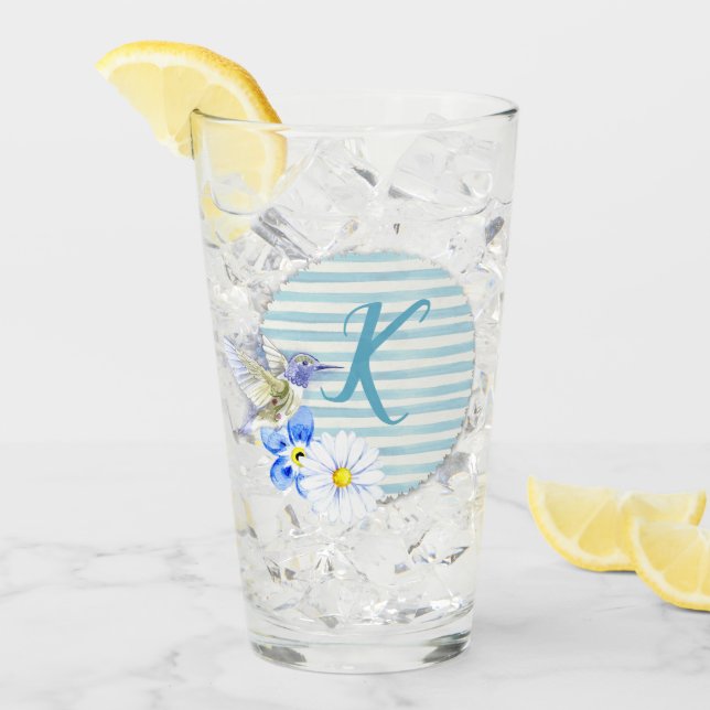 Lovely Hummingbird Blue Floral Monogram Drinking Glass (Front Ice)