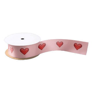 Lovely Illustrated Red Hearts On Blush Pink Satin Ribbon