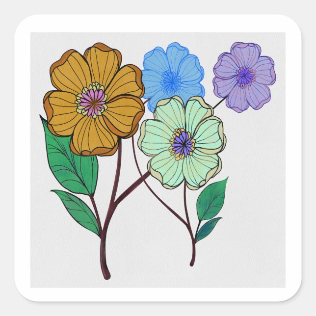 Lovely illustration of four flowers square sticker (Front)
