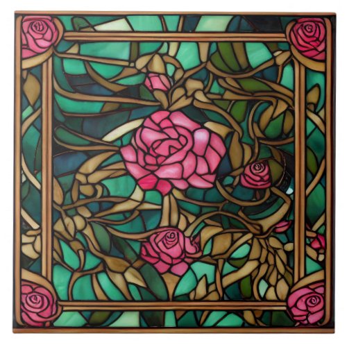 Lovely Intricate Stained Glass Style Floral Rose Ceramic Tile