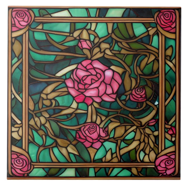 Lovely Intricate Stained Glass Style Floral Rose Ceramic Tile (Front)