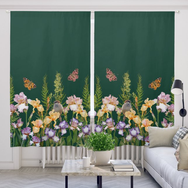 Lovely Irises, Birds Butterflies Dark Green Blackout Curtains (Living Room)