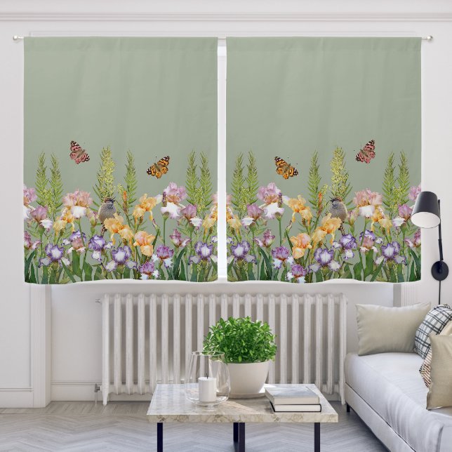 Lovely Irises, Birds Butterflies Sage Green Blackout Curtains (Living Room)