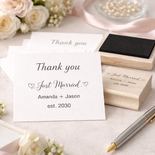 Lovely Just Married Hearts Black Script Rubber Stamp