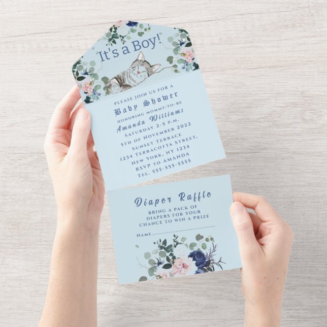 Lovely Kitten Flowers Blue It's a Boy Baby Shower All In One Invitation (Tearaway)