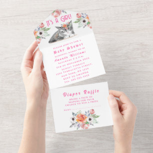 Lovely Kitten Flowers Pink It's a Girl Baby Shower All In One Invitation