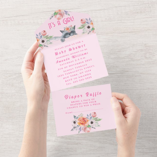 Lovely Kitten Flowers Pink It's a Girl Baby Shower All In One Invitation (Tearaway)