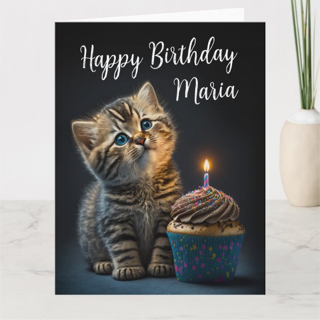 Lovely Kitten Wishing Happy Birthday, Customizable Card (Front)