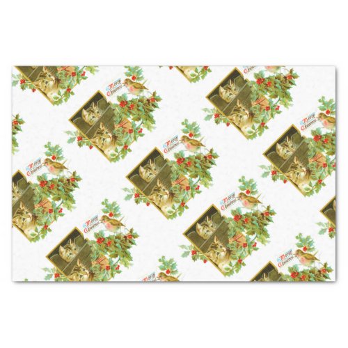 Lovely Kitties and Robin  Cute Vintage Christmas Tissue Paper