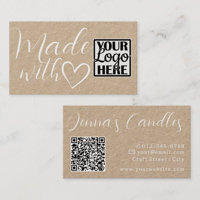Lovely Kraft Paper Made With Love  Logo QR-Code  Business Card (Front/Back)
