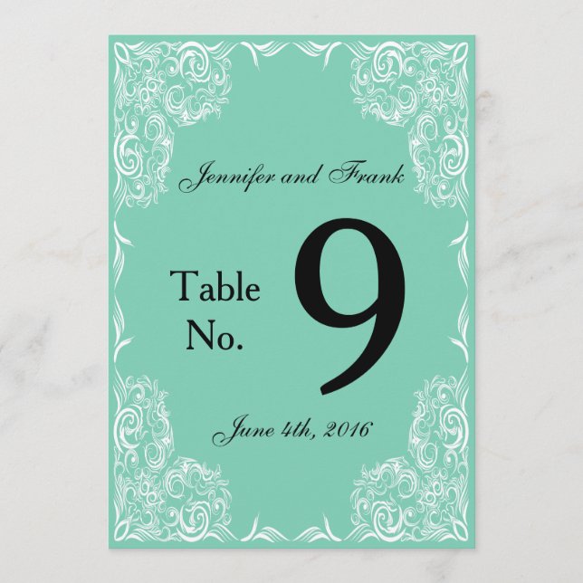 Lovely Lace Frame Aqua Wedding Table No. Invitation (Front)