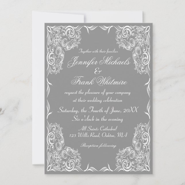 Lovely Lace Frame Gray Wedding Invitation (Front)