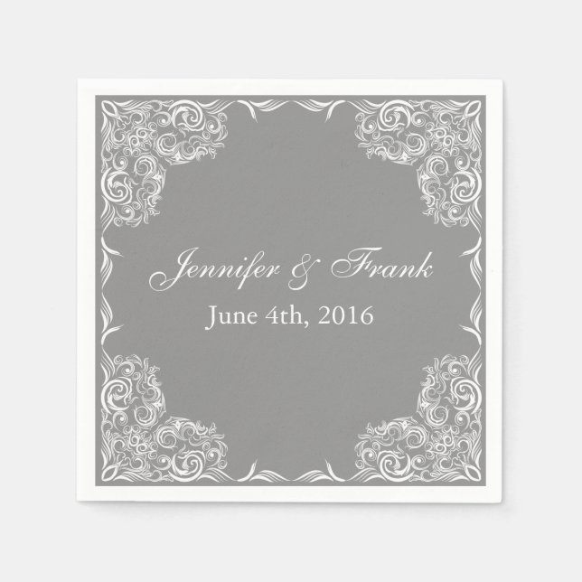 Lovely Lace Frame Gray Wedding Paper Napkins (Front)