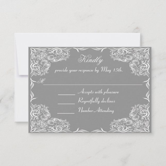 Lovely Lace Frame Gray Wedding RSVP Card (Front)
