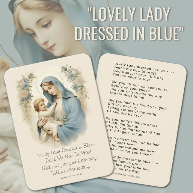 Lovely Lady Dressed in Blue Poem Mary and Jesus  Business Card (A beautiful  testament to enduring devotion, illustrating tender moments with Mary and Infant Jesus.)