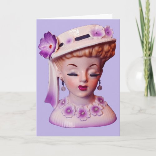 Lovely Lady Head Vase Purple Flowers 1960s Doll Card