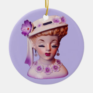 Lovely Lady Head Vase Purple Flowers 1960s Doll Ceramic Ornament