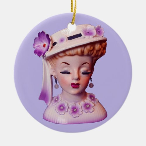 Lovely Lady Head Vase Purple Flowers 1960s Doll  Ceramic Ornament