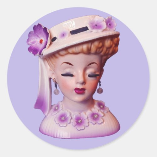 Lovely Lady Head Vase Purple Flowers 1960s Doll  Classic Round Sticker