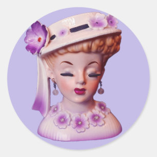 Lovely Lady Head Vase Purple Flowers 1960s Doll Classic Round Sticker