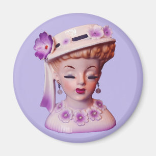 Lovely Lady Head Vase Purple Flowers 1960s Doll Magnet