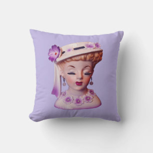 Lovely Lady Head Vase Purple Flowers 1960s Doll Throw Pillow