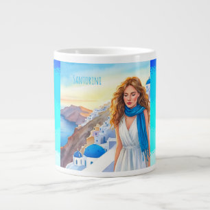 Lovely Lady in a blue Scraft Enjoying Santorini Giant Coffee Mug