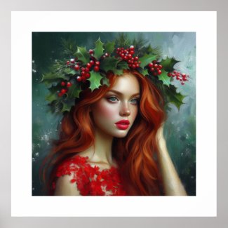 Lovely Lady in Red with Holly Leaves 