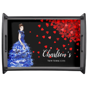 Lovely Lady with Sparkly Blue Gown Fashion Hearts Serving Tray