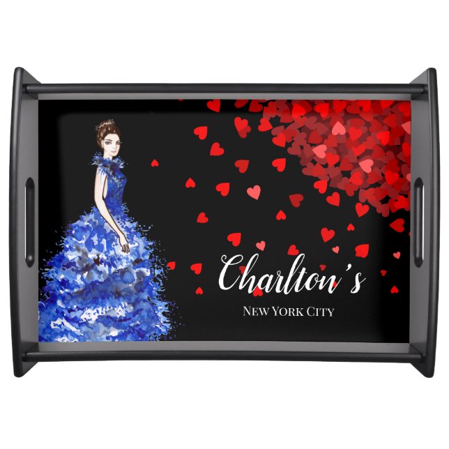 Lovely Lady with Sparkly Blue Gown Fashion Hearts Serving Tray (Front)