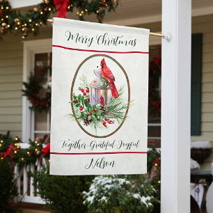 Lovely lantern with holly and cardinal Christmas House Flag