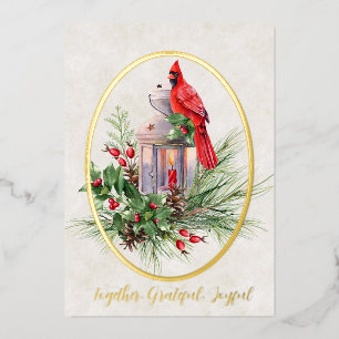 Lovely lantern with holly and cardinal foil foil holiday card