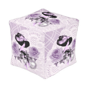 Lovely Lavender Lady Vintage Lace Cube Pouf