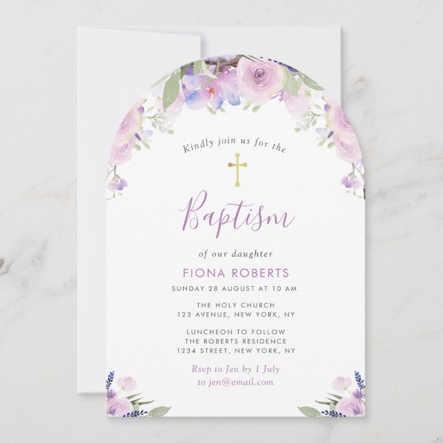 lovely lavender purple flowers baptism invitation (Front)