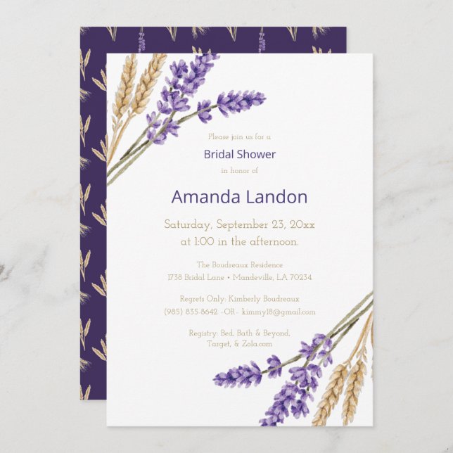 Lovely Lavender & Wheat Bridal Shower Invitation (Front/Back)