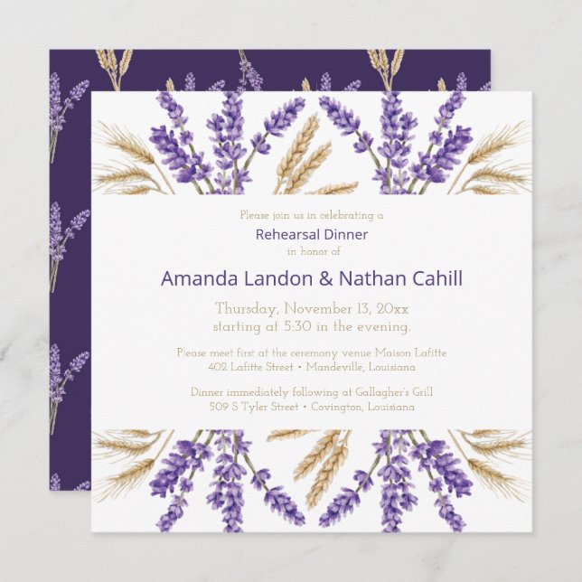 Lovely Lavender & Wheat Rehearsal Dinner Invitation (Front/Back)