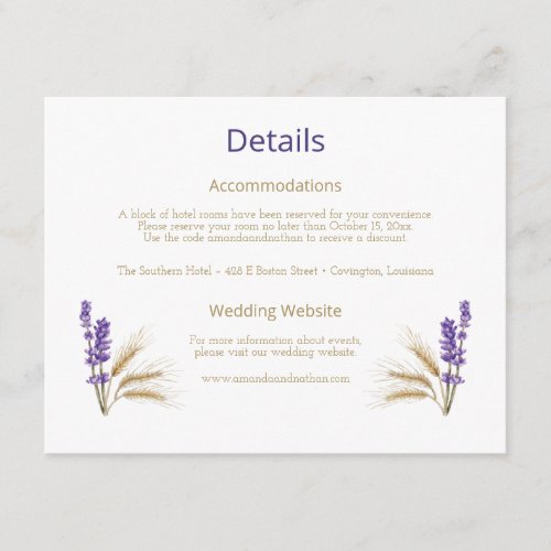 Lovely Lavender  Wheat Wedding Enclosure Card