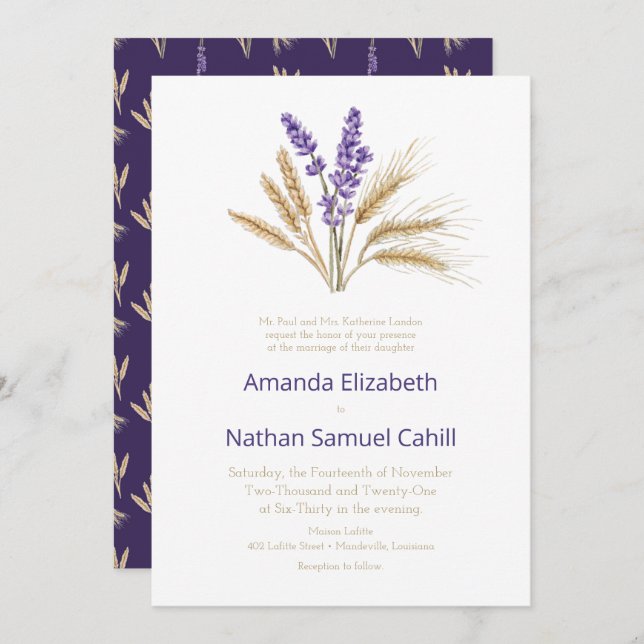 Lovely Lavender & Wheat Wedding Invitation (Front/Back)