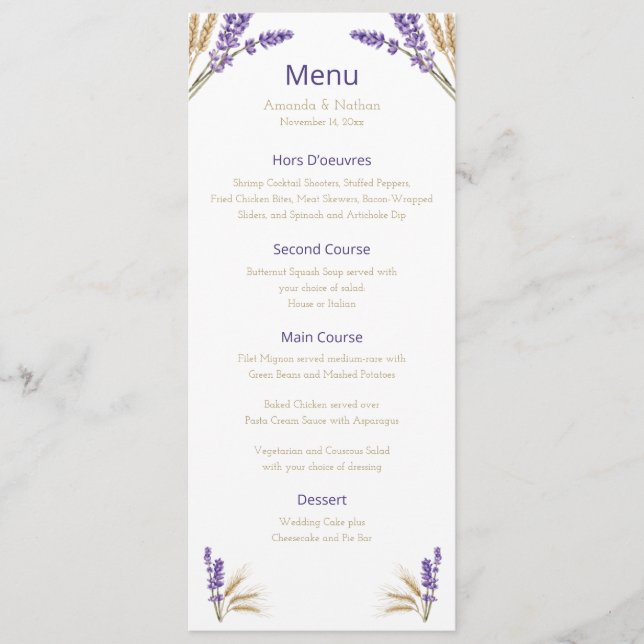 Lovely Lavender & Wheat Wedding Menu (Front)