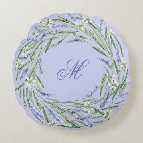 Lovely Lavender Wreath  Lavender Sprigs Monogram Round Pillow