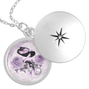 Lovely LavenderLady VintageLace Silver RoundLocket Silver Plated Necklace