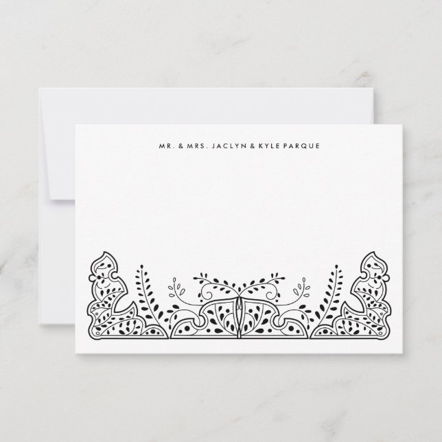 Lovely Leaves Black and White Henna Wedding Note Card (Front)