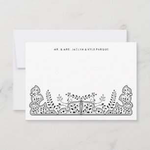 Lovely Leaves Black and White Henna Wedding Note Card