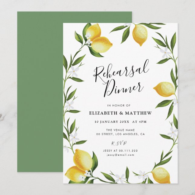 lovely lemon foliage rehearsal dinner invitation (Front/Back)