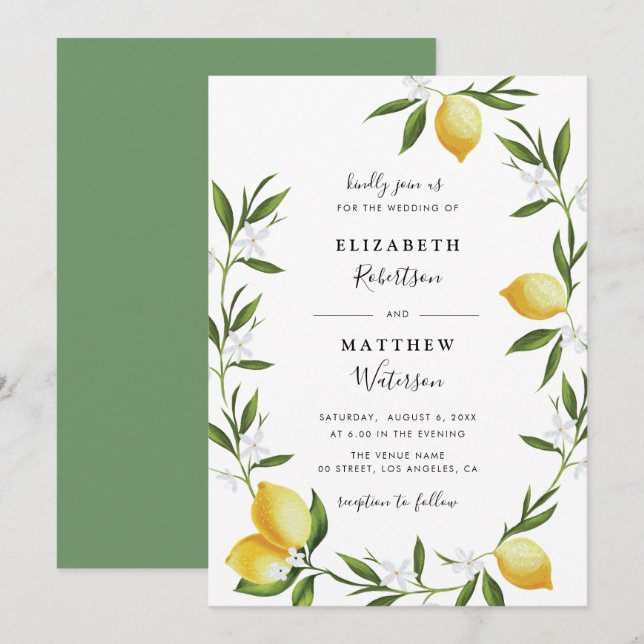 lovely lemon foliage wedding invitation (Front/Back)