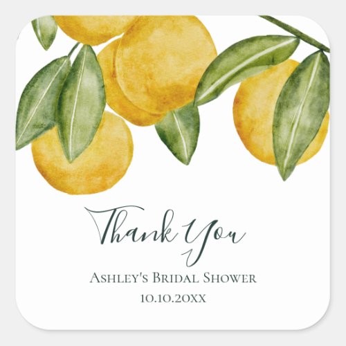 Lovely Lemon Watercolor Bridal Shower Thank You Square Sticker