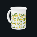 Lovely Lemon Yellow Green Beverage Pitcher<br><div class="desc">Lovely lemon hand drawn illustration featuring yellow lemons,  green leaves,  painted textures and polka dots.</div>