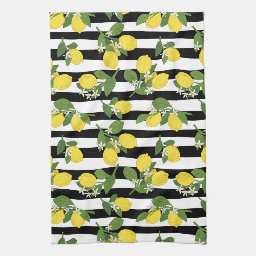 Lovely Lemons and Blossoms on Stripes Kitchen Towel