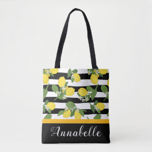 Lovely Lemons and Blossoms on Stripes Personalize Tote Bag