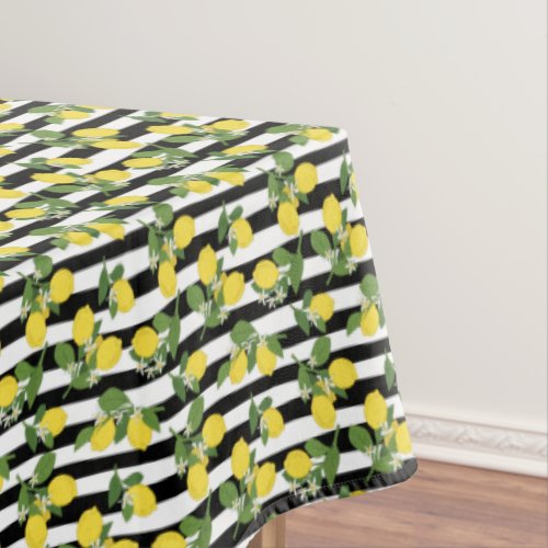 Lovely Lemons and Blossoms on Stripes Tablecloth